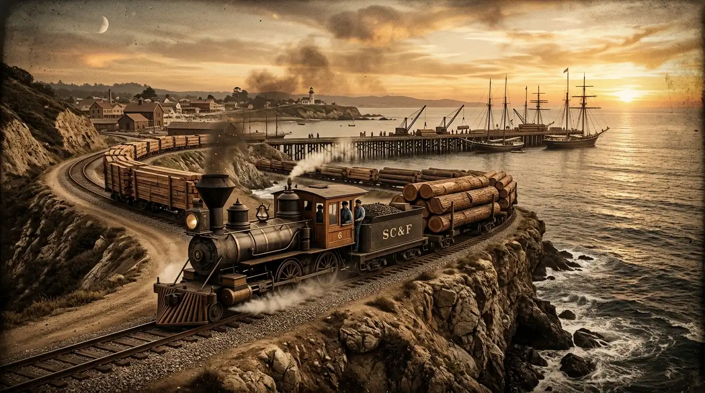 Steam locomotive hauling redwood